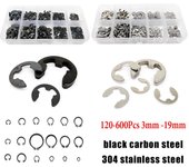 Kit surtido de anillos de retención de 70 a 600 piezas de 3 mm a 19 mm, juego de anillos de retención a presión de circlip negro y acero al carbono de acero inoxidable 304