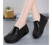 Zapatos transpirables de verano para mujer, zapatillas de deporte con plataforma plana para mujer, mocasines de cuero de cuero vacuno con agujeros para mujer, zapatos sin cordones con cuña 41 negro