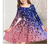 Vestido de princesa para niña, informal, con estampado de estrellas brillantes en 3D, cuello redondo y manga larga, sin lentejuelas 110 azul