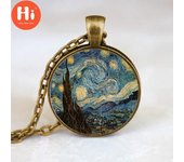 Hola nuevo colgante clásico de noche estrellada collar de Van Gogh colgantes de pintura artística de vidrio joyería Vintage collares de estrellas y Luna bronce
