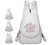 Mochila pequeña bordada a la moda para mujer, Mochila de cuero lavada suave de alta calidad, mochila multifunción para mujer 20x8x30cm cool blanco