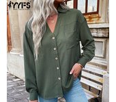 YYFS Blusas y camisas con cuello POLO de manga larga con estampado de color sólido informal a la moda para mujer S verde del ejército
