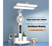Lámpara de mesa multifunción LED plegable con ventilador, calendario, reloj, luz de escritorio recargable por USB, Lámpara de lectura de 3 colores blanco