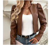 Chaqueta ajustada de cuero estilo callejero para mujer, abrigo informal de manga larga con cuello redondo para oficina y otoño S negro