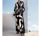 Temperamento de las mujeres tendencia elegante impreso manga larga top pantalones largos traje de pantalón de moda casual S negro