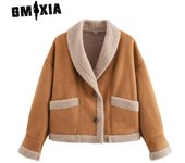 GMXIA Chaquetas y abrigos con cuello tipo POLO de manga larga para otoño e invierno con estampado de Color sólido informal vintage para mujer S chocolate