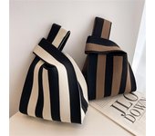 Bolso de mano de punto hecho a mano con cuadros y rayas anchas, bolso de mano informal para mujer, bolso de muñeca con nudo pequeño, bolsas de compras reutilizables para estudiantes negro