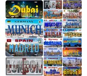 Placas de matrícula antiguas, letreros decorativos, letreros vintage de la ciudad de Dubái, Múnich, Madrid y Moscú, letreros de metal para la parte delantera del coche 40x30cm