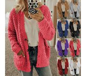 Otoño Invierno Mujer Color Sólido Lana Lana Cálido Casual Cardigan Chaqueta Más Tamaño Top S café