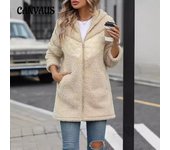 Chaqueta de felpa holgada con cremallera de longitud media y capucha para mujer para otoño e invierno S albaricoque