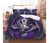 Juego de cama de 3 piezas con estampado 3D de esqueleto aterrador retro, rosa roja, dragón negro, colcha doble, funda nórdica y 2 fundas de almohada. 135x200 cm