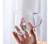 Taza de cristal rosa 3D con asa, taza de desayuno para el hogar, para jugo, café, taza transparente, taza de leche para té, copas de cristal de colores