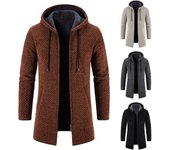 Abrigo largo medio para hombre con capucha de felpa a cuadros tejido con cordón suéter cálido color sólido chaquetas tops L marrón