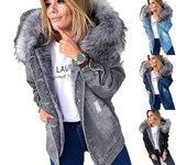 Chaqueta vaquera de moda de invierno para mujer con capucha espesar prendas de vestir de lana Parka abrigo chaqueta larga 2XL negro