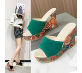 Nuevas sandalias de verano para mujer, zapatos de punta abierta, zapatos de cuña informales de suela gruesa y tacón alto para mujer, zapatillas con estampado étnico retro 35