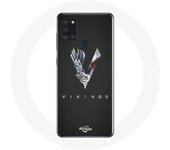 Coque pour Samsung Galaxy A21S Vikings Série Saison 6 logo V Epée Gris Fond Noir