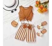Pantalones cortos a rayas para niñas, chaleco, pantalones cortos, traje informal de verano para niños, traje de moda 1-2Y marrón claro
