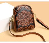 Bolso para teléfono móvil con relieve de PU de estilo étnico chino para mujer, bolso de hombro tipo bandolera versátil, Mini bolso Vertical de doble capa 15CMX19CMX6CM negro