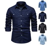 Camisa vaquera con solapa y botones de color liso para hombre Camisa lavada de manga larga con bolsillo informal para hombre XL azul