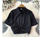 Blusas y camisas de cuello tipo polo de manga corta con estampado de colores sólidos para verano y primavera para mujer de YYFS S negro