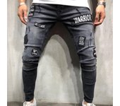 Nuevos pantalones vaqueros ajustados para hombre, parche con insignia con agujero negro, pies pequeños, pantalones vaqueros para hombre S gris