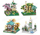 Casa de bloques de construcción de ciudad Sakura, molino de viento, bloques de diamantes, juguetes para niñas y niños, Fishman Hut Street View, modelo de bloques, juguetes de regalo amarillo cobalto