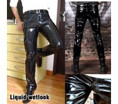 Pantalones negros de látex con aspecto mojado para hombre, pantalones líquidos para hombre, pantalones de cuero para motocicleta, pantalones estilo Rock L negro