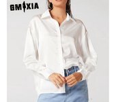GMXIA Blusas y camisas con cuello POLO de manga larga con estampado de Color sólido informal de verano a la moda para mujer S caqui