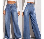 Vaqueros lavados de cintura alta y pierna ancha para mujer, superventas en 2025, con detalles artesanales de bigotes de gato y mono. M azul claro