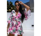 Mono informal de manga corta acampanada para mujer, cuello en V, holgado, estampado, para vacaciones, talla grande, elegante, con cordones, 2922 L rojo