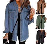 Abrigo vaquero para mujer con bolsillos en el pecho, cuello vuelto, lavado, botonadura sencilla, color puro, borde desgastado, chaqueta holgada de manga larga XXL azul claro