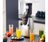 Exprimidores, exprimidor masticador autoalimentado de 3,2 pulgadas para frutas y verduras enteras, exprimidores eléctricos de prensado en frío us plata
