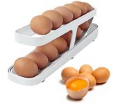 Rejilla para huevos con desplazamiento automático, caja de almacenamiento, cesta para huevos, organizador, dispensador de huevos para refrigerador, para cocina 2-tier blanco