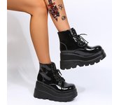 Botas de mujer de caña alta, suela gruesa, tacón bajo, botines con cordones, zapatos de mujer, negro brillante, negro brillante, calzado femenino 35