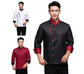 Otoño Invierno Camisa De Chef Manga Larga Suelta Cuello Alto Satén Bolsillo De Un Solo Pecho Color Sólido Transpirable Suave Unisex Cocina Cocinero Camisa Panadería 2XL negro