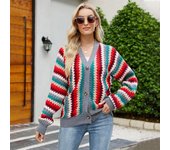Otoño e Invierno a rayas nuevas prendas de punto sueltas para mujer suéter cárdigan de una sola botonadura para mujer S