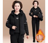 Chaleco de otoño e invierno para mujer, traje de tres piezas para mujeres de mediana edad y mayores, además de traje deportivo engrosado de terciopelo, chaqueta a prueba de invierno para mujer XXXXL negro