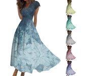 Vestido largo para mujer, vestido maxi, vestido informal de verano, informal, manga corta, cuello en V, cintura bohemia, vestido estampado L azul