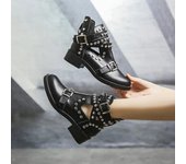 Botas negras de mujer con remaches en el tobillo, hebilla de metal, tachuelas cuadradas en el tacón alto, botas de mujer, zapatos de moto 35 negro