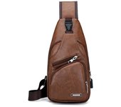 Bolso de hombro para hombre con movimiento de cuero, bolso de pecho USB, bolso deportivo de PU para senderismo marrón