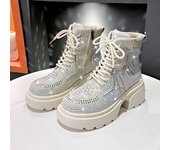 Botas cortas con lentejuelas y diamantes para mujer, botas altas de tacón grueso con cordones y moda británica para otoño e invierno, zapatos informales para fiestas al aire libre 35 blanco