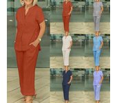 Moda de Verano Colección a Juego para Mujer Top de Manga Corta con Cuello en V Pantalones de Pierna Ancha con Cintura Elástica Set de Dos Piezas de Algodón Lino XL gris