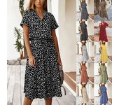 Vestidos para mujer Vestido midi con cintura tipo túnica con estampado de lunares Vestido casual de manga corta de verano L beige