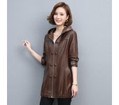 Otoño e Invierno nueva ropa de cuero para medianas y personas mayores abrigo cortavientos de cuero grueso para mujer de longitud media más algodón grueso para mamá L