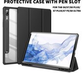 Funda para tableta Samsung Galaxy Tab S9 S8 S7 Plus FE con soporte para ranura para bolígrafo, funda protectora transparente de cuero para Tab S9 Ultra For Tab S7 azul