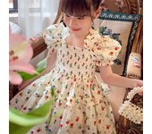 Vestido de princesa para niñas con flores dulces, vestido de verano con mangas abullonadas y estampado floral, moda informal para niñas 140cm beige