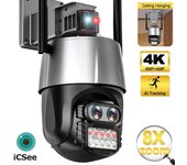 Nueva cámara IP WiFi de 8MP 4K cámara de seguridad de doble lente para exteriores 4K seguimiento automático sirena alarma Video vigilancia P2P ICsee CCTV PTZ Alexa EU Plug negro