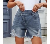 Pantalones cortos vaqueros rotos de tiro medio para mujer, informales, desgastados, elásticos, de mezclilla, de verano, con bajo deshilachado S azul
