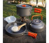 Juego de utensilios de cocina para acampar, vajilla portátil de aluminio para exteriores, juego de cocina, sartén, cuenco, tetera, olla, equipo para senderismo, barbacoa y pícnic naranja