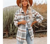Otoño e Invierno camisa de mujer chaqueta a cuadros botón franela Tweed camisa chaqueta Tops S caqui